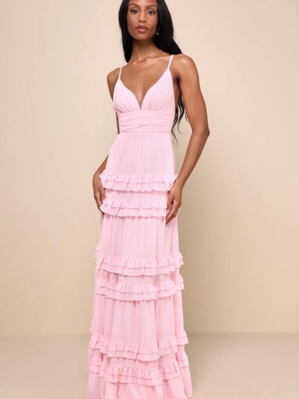 Lulus Lavish Perfection Light Pink Ruffled Tiered Maxi Dress - Size M